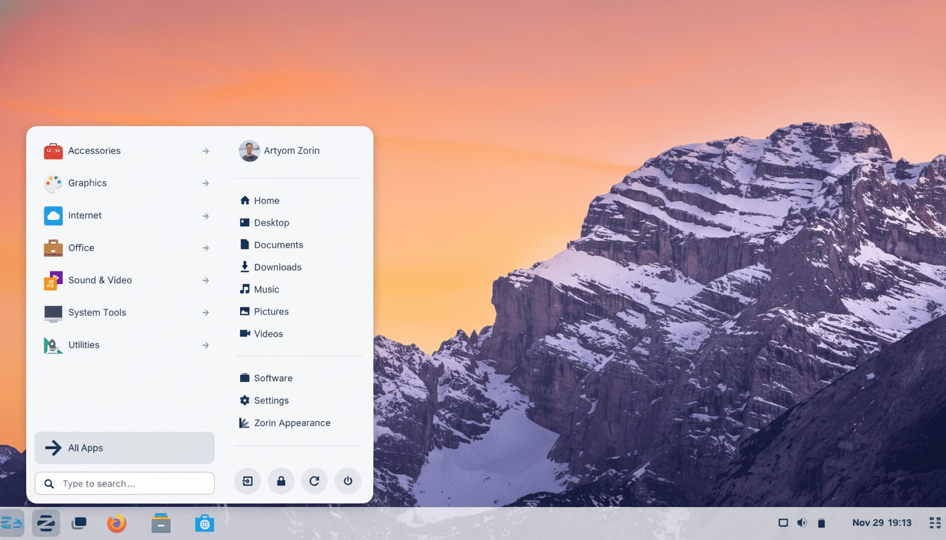A screenshot of a desktop operating system with a start menu open, displaying various application categories and user folders . The background features a picturesque mountain landscape with a sunset sky.