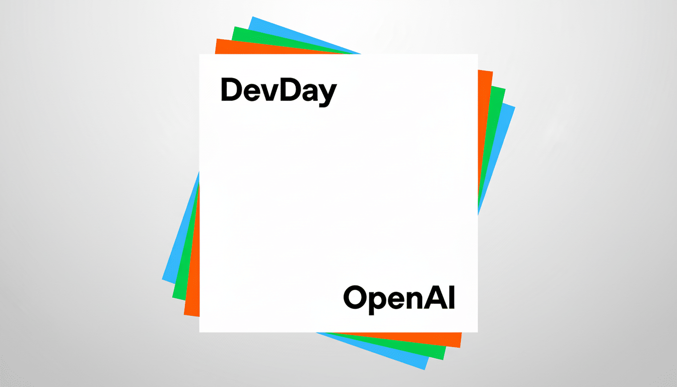 A white square with Dev Day at the top and OpenAI at the bottom, layered over colorful geometric shapes in green, orange, and blue, set against a subt