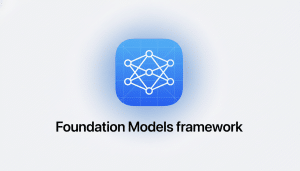 An app icon with a neural network design, paired with the text Foundation Models framework on a white and gray gradient background, presented in a 16 :9 aspect ratio .