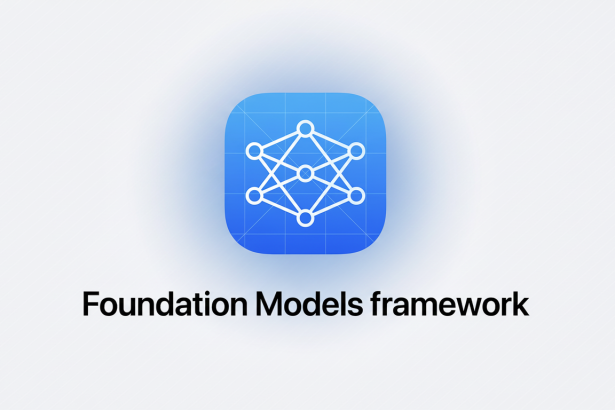An app icon with a neural network design, paired with the text Foundation Models framework on a white and gray gradient background, presented in a 16 :9 aspect ratio .