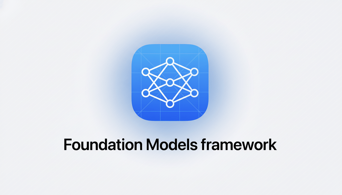 An app icon with a neural network design, paired with the text Foundation Models framework on a white and gray gradient background, presented in a 16 :9 aspect ratio .