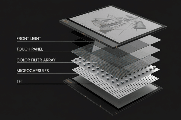 An exploded view diagram of a device, showing the layers of front light, touch panel, color filter array, microcapsules, and TFT over a dark backgroun