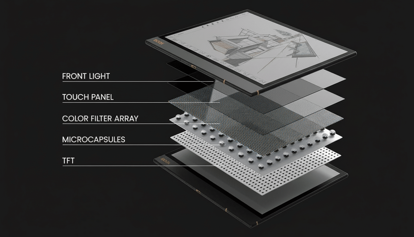 An exploded view diagram of a device, showing the layers of front light, touch panel, color filter array, microcapsules, and TFT over a dark backgroun