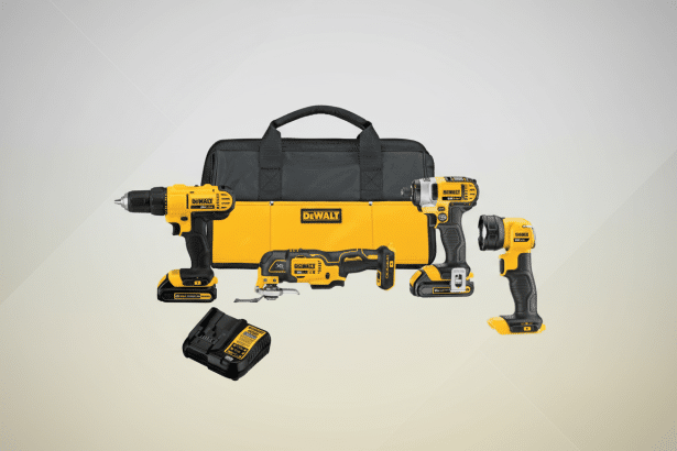 A professional image of a DE WALT 2 0V MAX cordless 5-tool combo kit, including a drill/ driver, impact driver , oscillating multi- tool, LED work light, charger , and tool bag, presented on a subtle gradient background. Filename : dewalt 20v max5 toolcombo kit.png