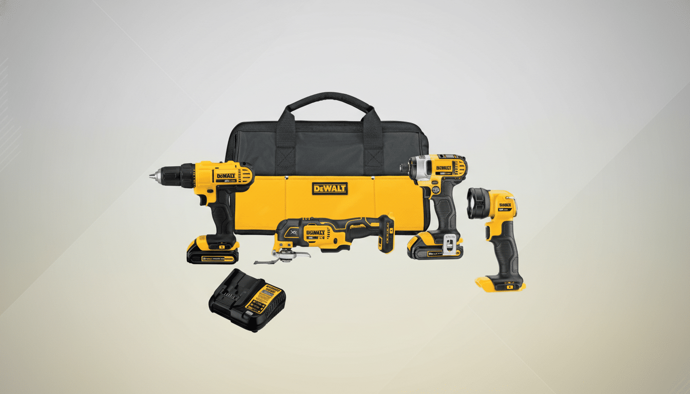 A professional image of a DE WALT 2 0V MAX cordless 5-tool combo kit, including a drill/ driver, impact driver , oscillating multi- tool, LED work light, charger , and tool bag, presented on a subtle gradient background. Filename : dewalt 20v max5 toolcombo kit.png