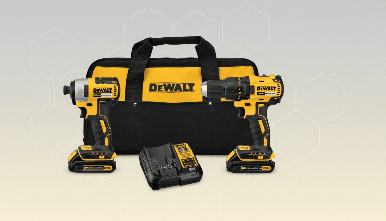 A professional image of a DeWalt drill and impact driver combo kit , including two 20V MAX tools , a battery charger , and a black and yellow carrying bag, presented on a subtle gradient background with light hexagonal patterns.