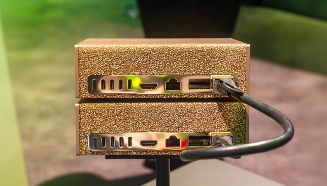 A close-up, professional shot of two stacked gold-textured computer units, showcasing their rear ports including USB-C, HDMI, Ethernet, and USB-A, with a black cable plugged into the top unit.