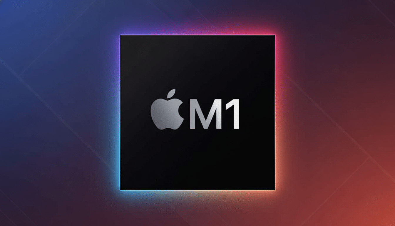 Apple M 1 chip with a subtle gradient background.