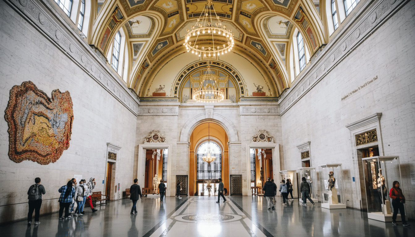 The Grand Hall of the Philadelphia Museum of Art, featuring a high arched ceiling with ornate gold and pale yellow decorations , large chandeliers, and marble walls. Several people are walking through the hall, admiring the exhibits. Filename : phil adelphiamuseum grandhall. png