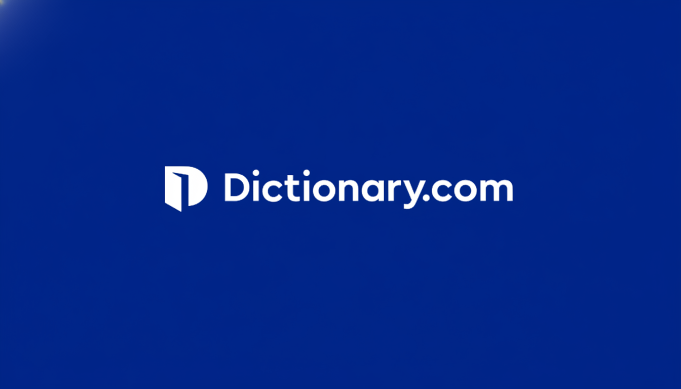 The Dictionary.com logo, featuring a white stylized D icon and the text Dictionary.com in white, centered on a deep blue background. The image has been resized to a 16:9 aspect ratio with a subtle gradient enhancement in the background.