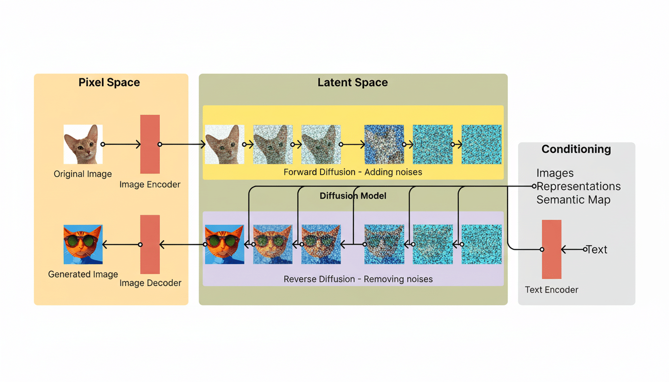 A professional diagram illustrating the diffusion model process, showing an original image transforming through pixel space, latent space with forward