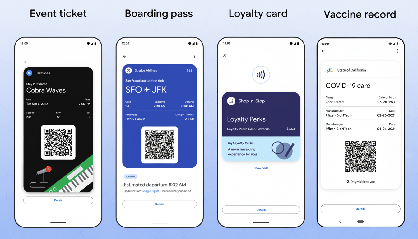 Four smartphone screens showcasing different digital passes : an event ticket , a boarding pass , a loyalty card , and a vaccine record.