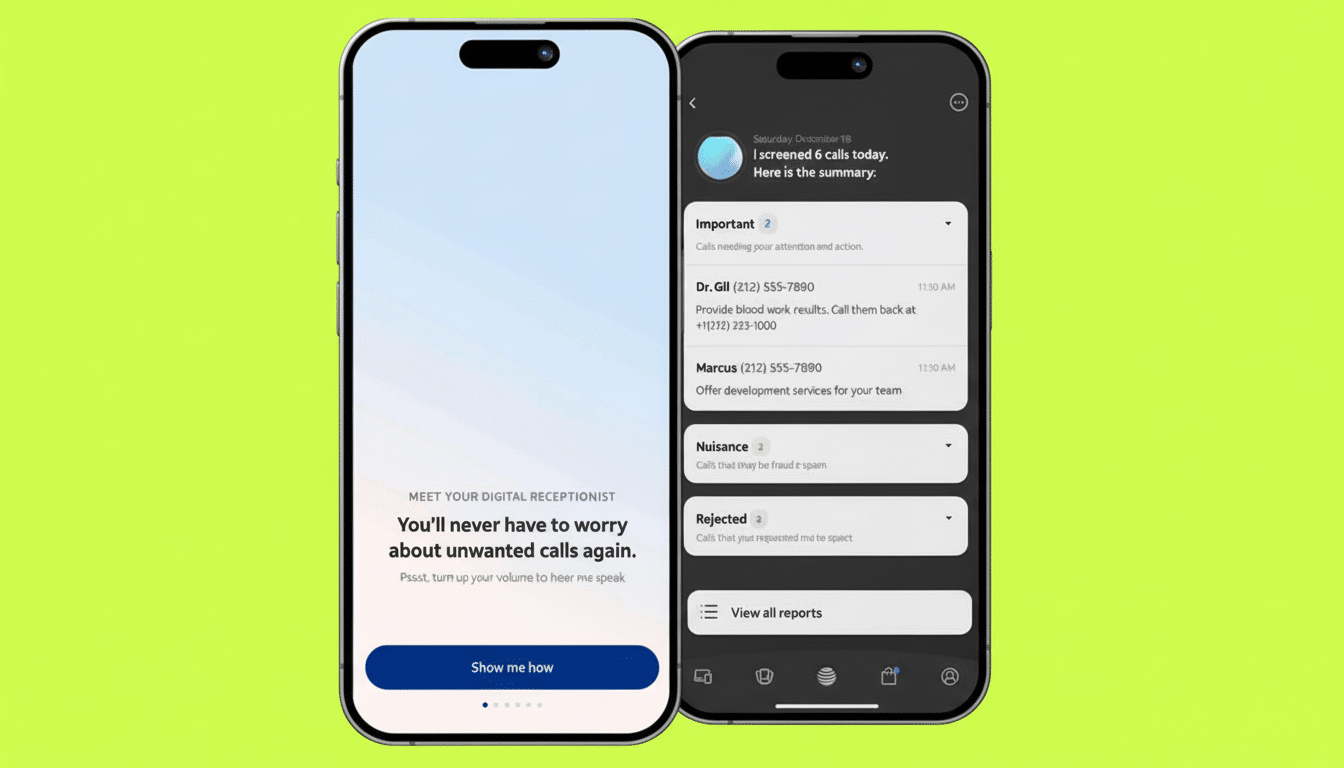 Two smartphones displaying a digital receptionist app interface , with one screen showing a welcome message and the other a call summary.