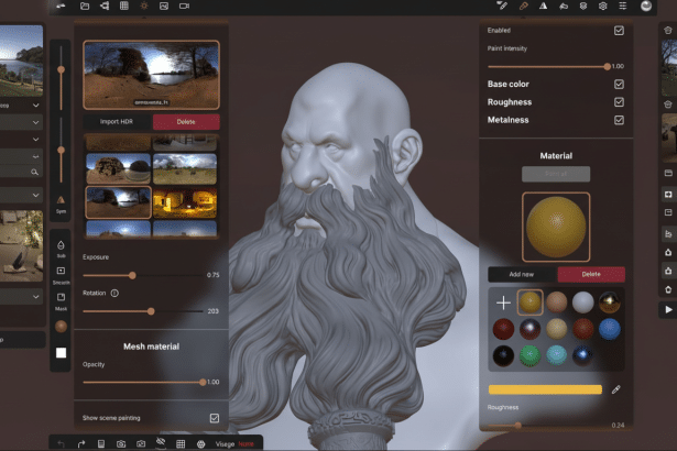 A professional digital sculpting interface on a tablet, showcasing a 3D model of a bearded man with various material and lighting options.