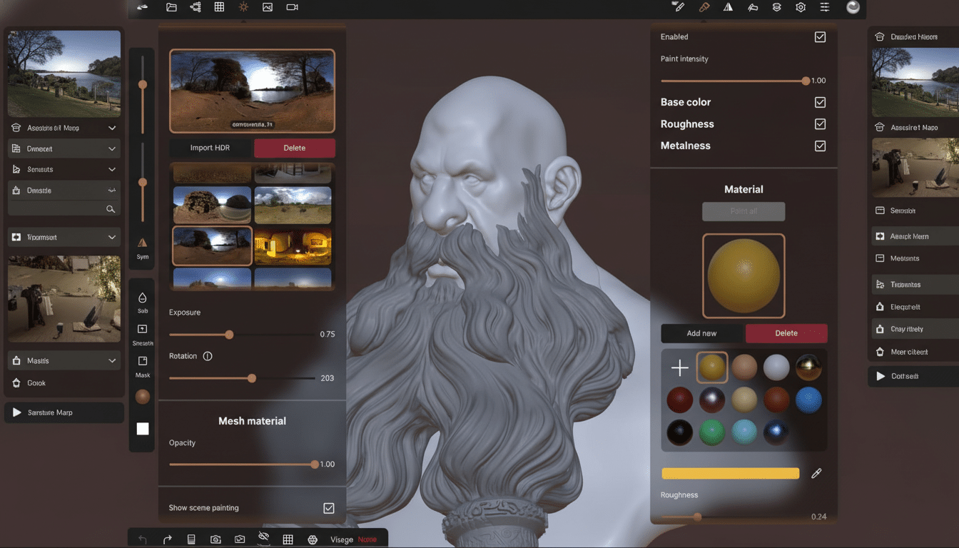 A professional digital sculpting interface on a tablet, showcasing a 3D model of a bearded man with various material and lighting options.