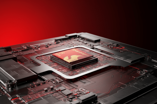 A close-up view of the Snapdragon 8 Elite Gen 5 processor, mounted on a dark circuit board with red glowing elements, set against a gradient red and b