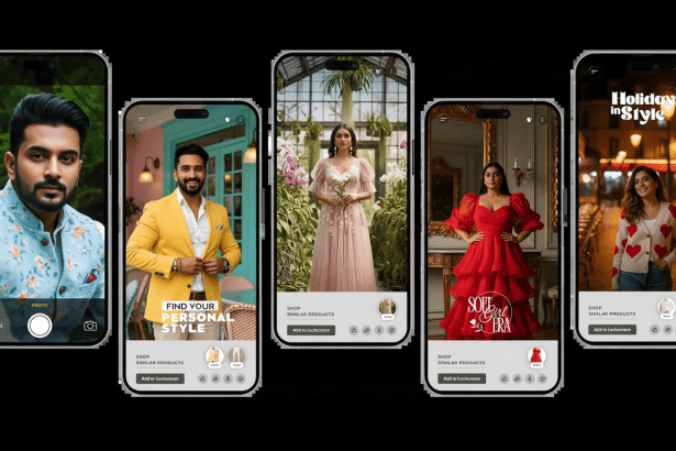 Five mobile phones displaying different fashion app interfaces , each featuring a person. The first phone shows a man in a floral vest taking a selfie . The second shows a smiling man in a yellow blazer in front of a blue building, with FIND YOUR PERSONAL STYLE text. The third shows a woman in a pink dress in a greenhouse . The fourth shows a woman in a red ruffled dress in an ornate room, with SOF IST IG IR L ERA text. The fifth shows a woman in a heart -pattern ed sweater on a city street at night , with Holiday in Style text .