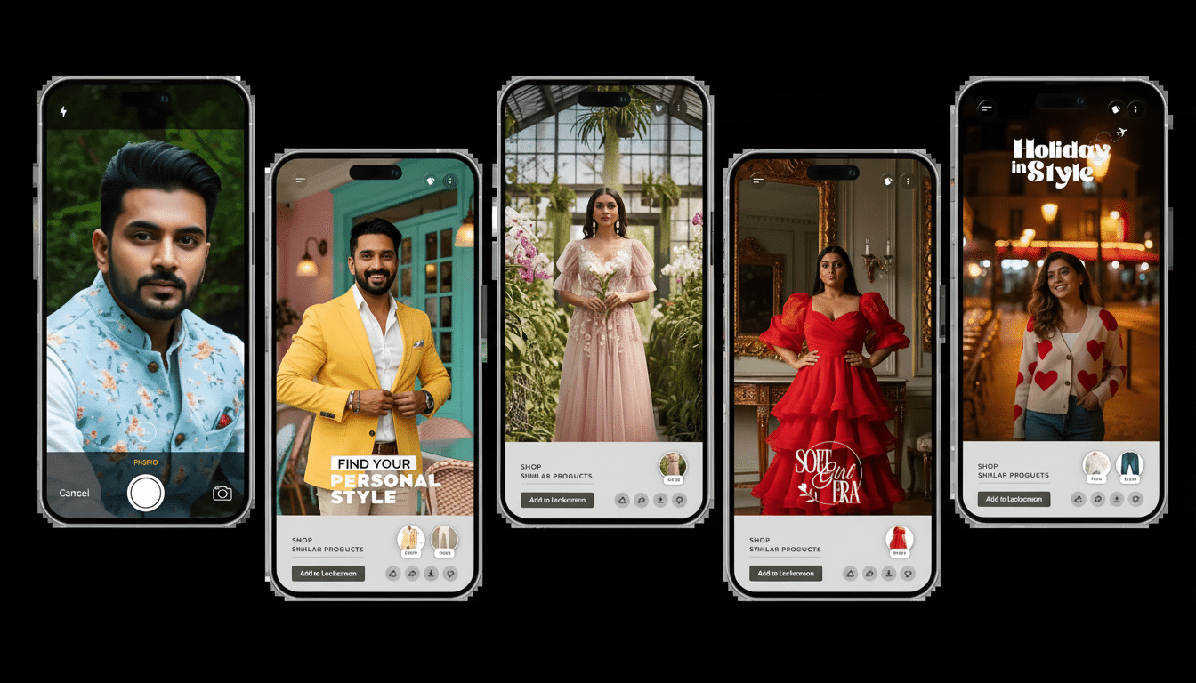 Five mobile phones displaying different fashion app interfaces , each featuring a person. The first phone shows a man in a floral vest taking a selfie . The second shows a smiling man in a yellow blazer in front of a blue building, with FIND YOUR PERSONAL STYLE text. The third shows a woman in a pink dress in a greenhouse . The fourth shows a woman in a red ruffled dress in an ornate room, with SOF IST IG IR L ERA text. The fifth shows a woman in a heart -pattern ed sweater on a city street at night , with Holiday in Style text .