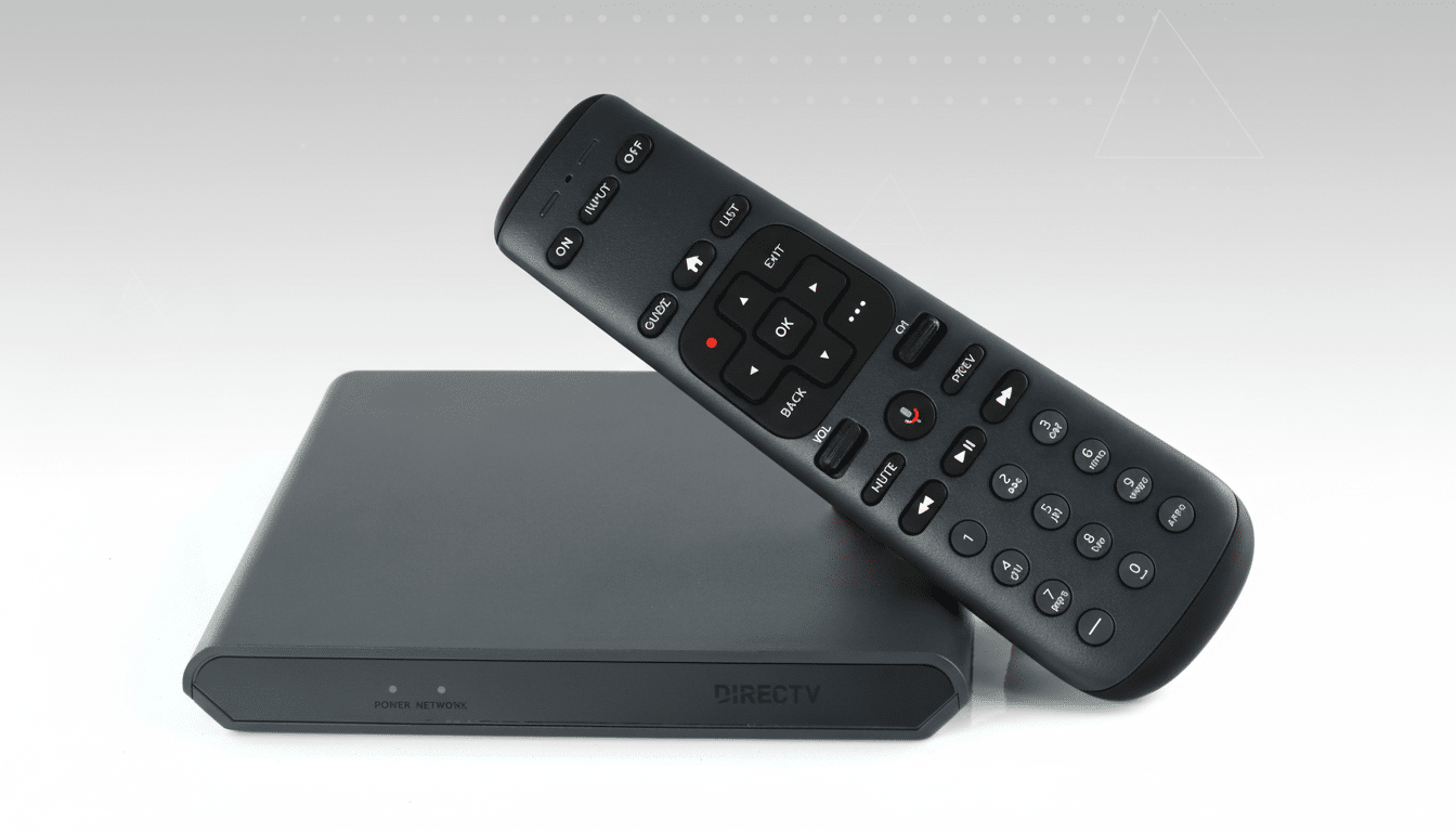 A professional 16:9 image of a dark gray DIRECT V receiver box with its matching remote control leaning on top, set against a subtle gray gradient background with soft geometric patterns. Filename : directv receiverremote 169 .png