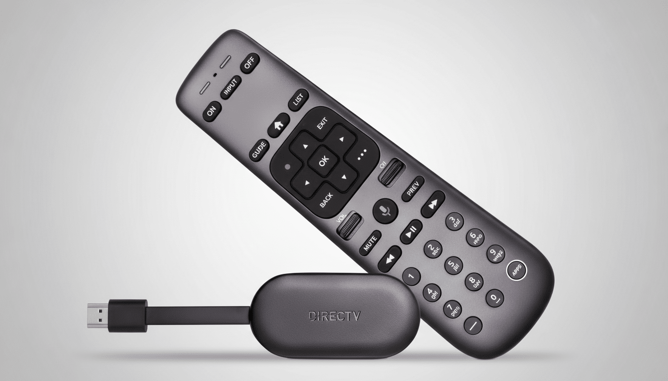 A dark gray DIRECT V streaming stick connected to a USB plug and a matching dark gray DIRECT V remote control. The background is a soft gradient from light gray to white .