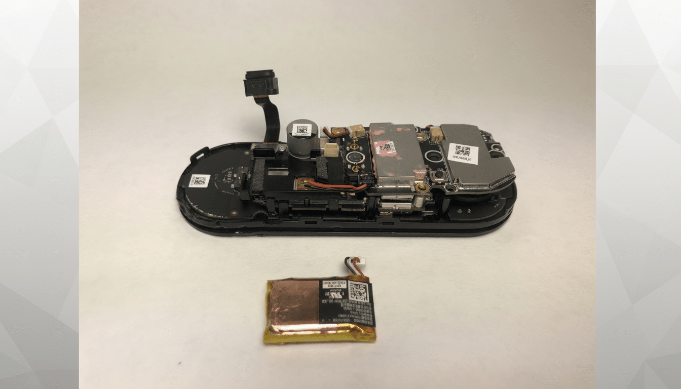 Dis assembled electronic device showing internal components and a detached battery, presented on a professional flat design background with soft geome