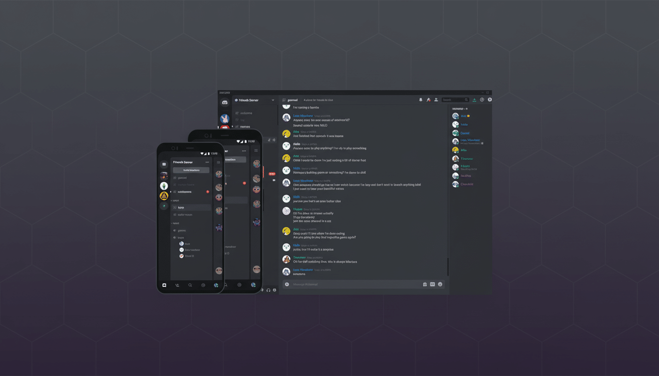 A professional flat design background with a Discord desktop application and a mobile phone showing the Discord app.