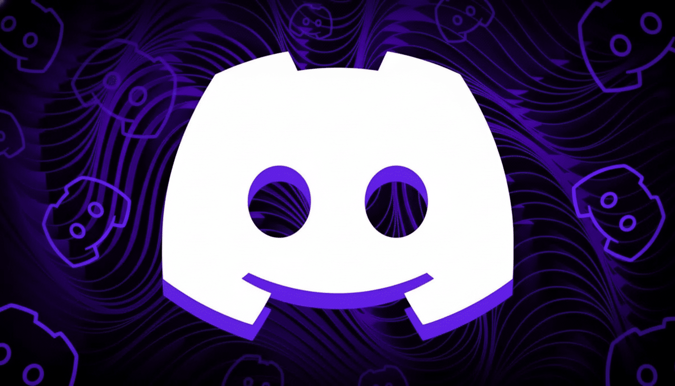 The Discord logo in white and purple, set against a dark background with abstract purple patterns and smaller, outlined Discord logos. The image has b