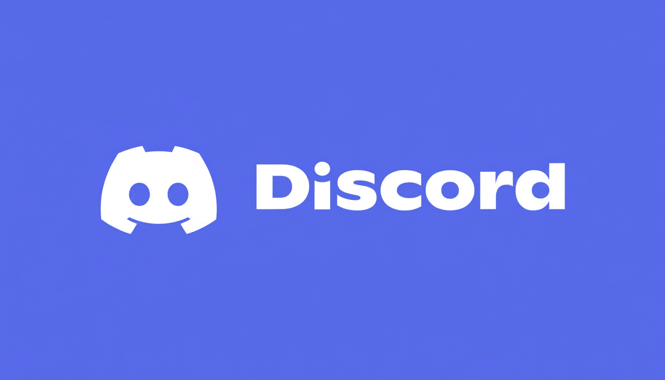 The Discord logo and word mark, featuring a white game controller icon with eyes on a solid blue background, resized to a 16: 9 aspect ratio.