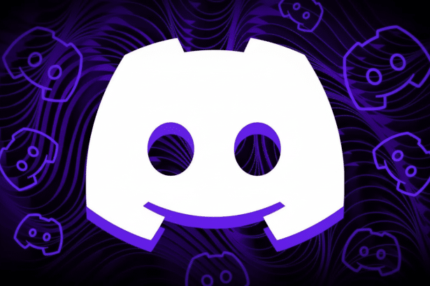 The Discord logo in white and purple on a dark purple background with a wavy pattern and smaller, outlined Discord icons .