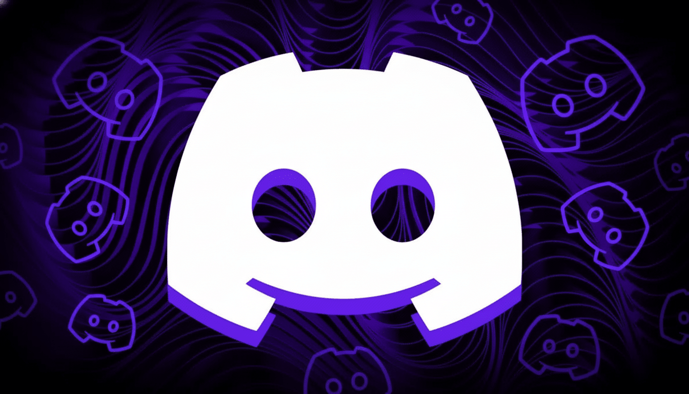 The Discord logo in white and purple on a dark purple background with a wavy pattern and smaller, outlined Discord icons .
