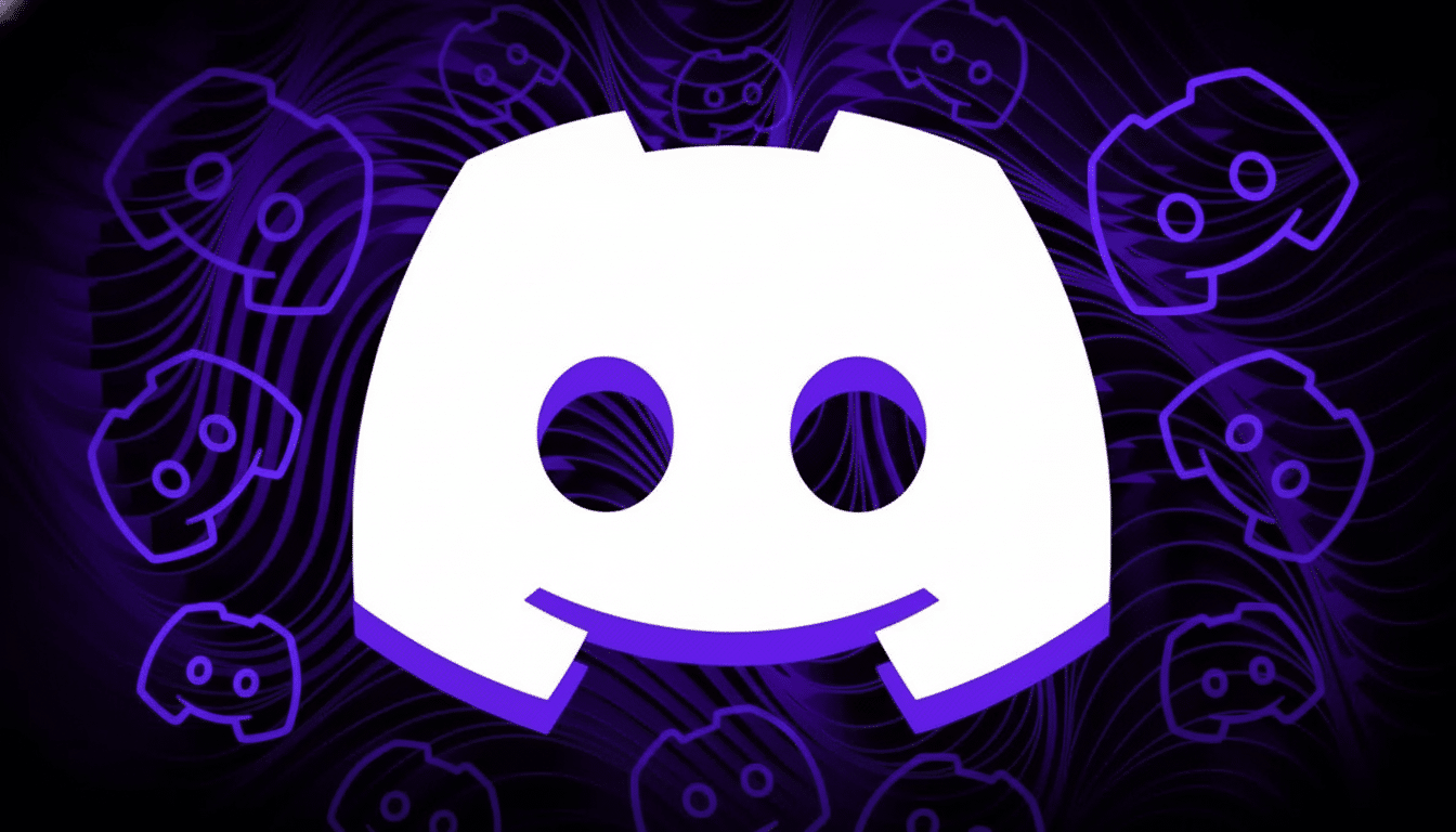 A white Discord logo centered on a dark purple background with abstract wavy patterns and smaller, outlined Discord logos scattered around.