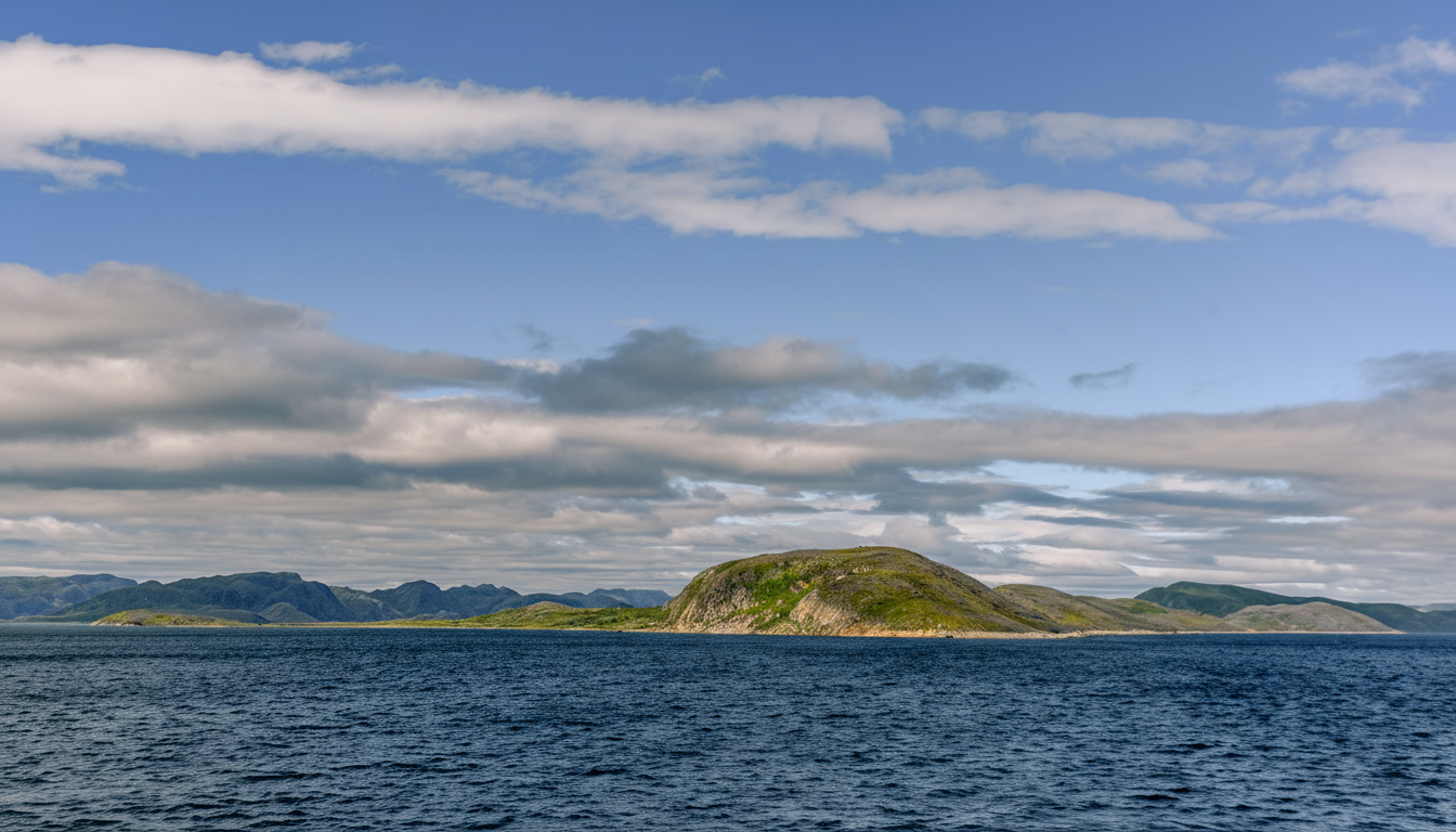 A professional landscape image showcasing a large body of water in the foreground, with a prominent green, rocky island in the mid - ground, and distant mountains under a partly cloudy sky .