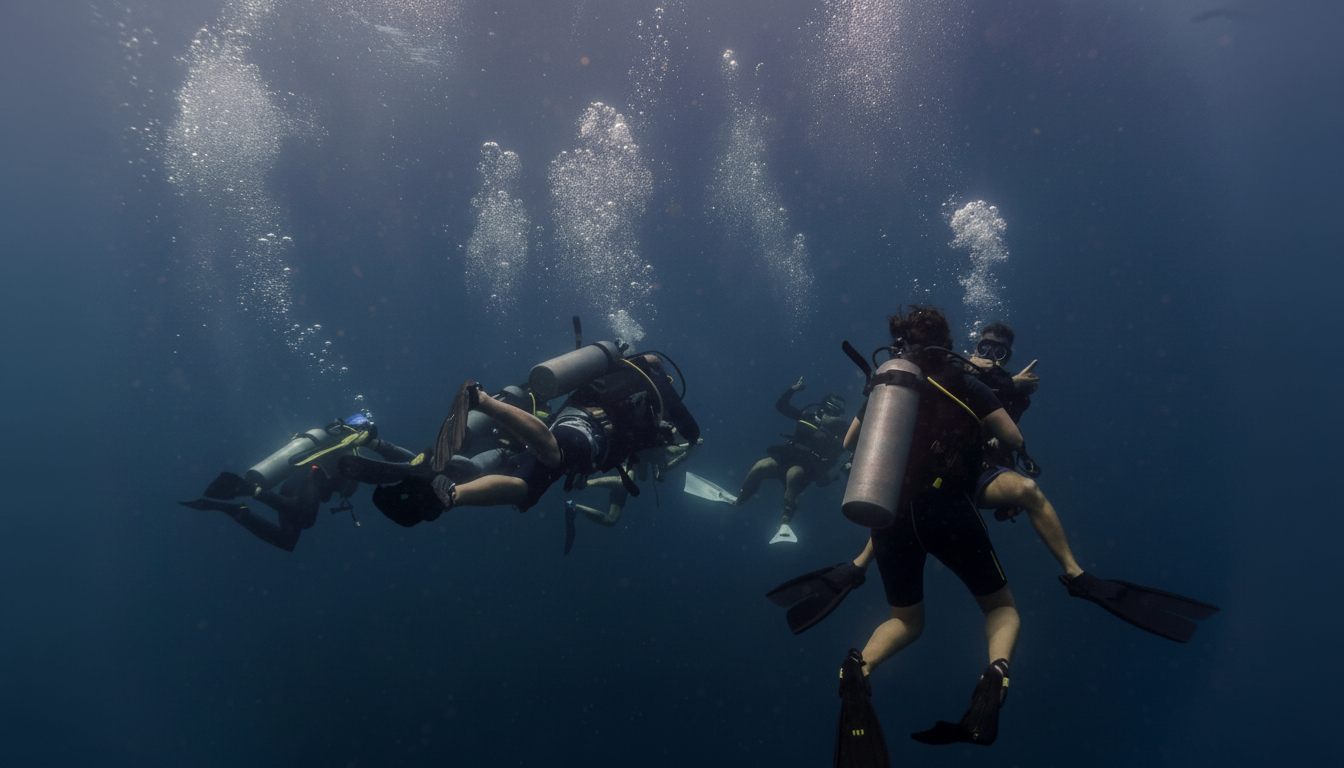 A group of scuba divers exploring the clear blue ocean, with air bubbles rising towards the surface.