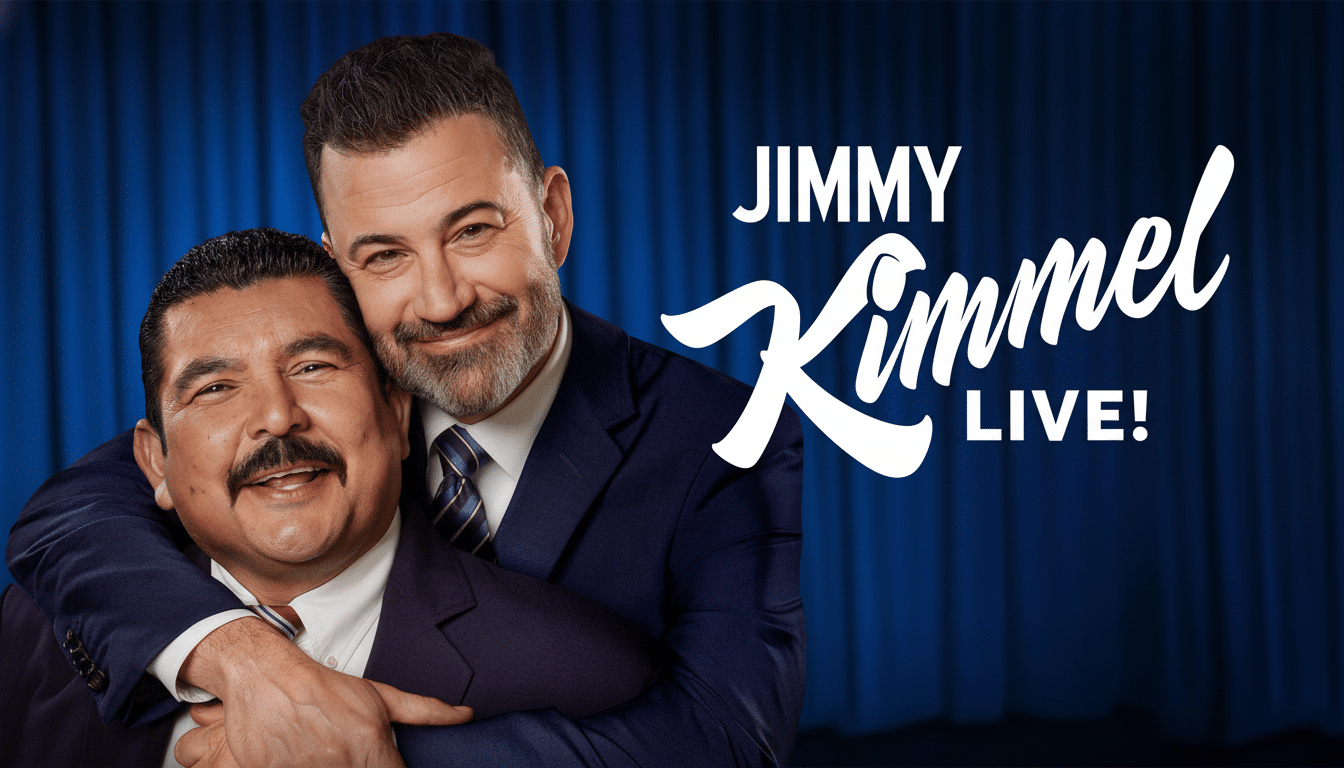 A promotional image for Jimmy Kimmel Live! featuring Jimmy Kimmel embracing Guillermo Rodriguez , with a blue curtain background and the show' s logo.