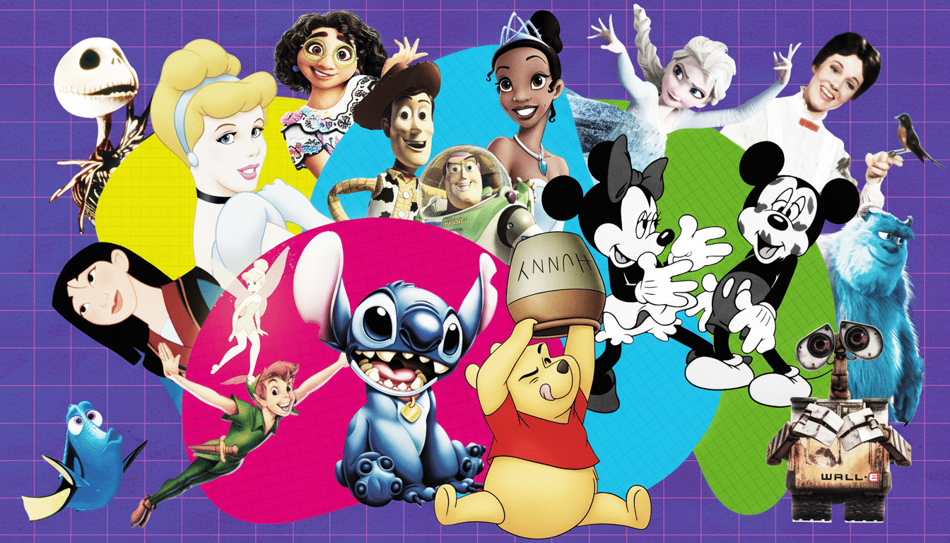 A vibrant collage of various Disney and Pixar characters including Cinderella, Mir abel , Woody, Buzz Lightyear, T iana, Elsa, Mary Poppins, Jack Skellington, M ulan, Tinker bell , Stitch , Winnie the Pooh, Mickey and Minnie Mouse , Sul ley, Wall- E, D ory, and Peter Pan, all arranged against a colorful, geometric background. Filename : disneypix archaracters collage.png