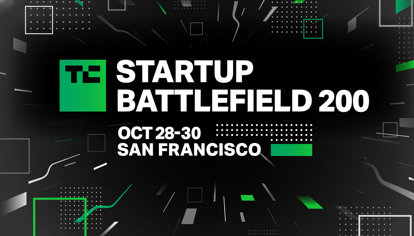 A black background with green and white geometric shapes and text that reads TC STARTUP BATTLEFIELD 200 OCT 28-30 SAN FRANCISCO.