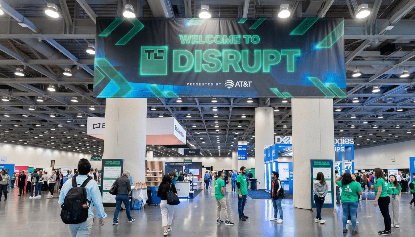 A large banner welcoming people to Disrupt  presented by AT &T, hanging above a busy convention floor with many attendees .