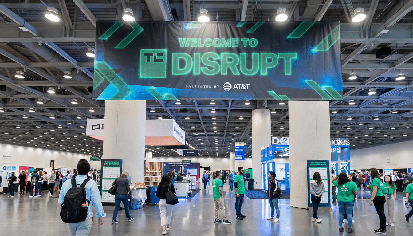 A large banner at a convention welcoming attendees to Dis rupt, presented by AT& T, with people walking below it .