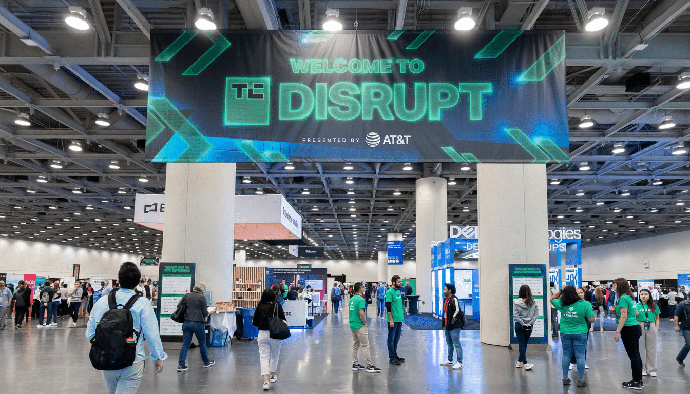 A banner displaying WELCOME TO DISRUPT PRESENTED BY AT &T hangs over a busy convention hall entrance with attendees walking around.