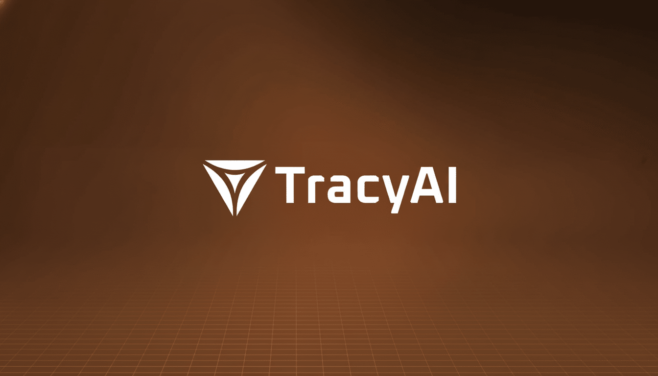 The TracyAI logo, featuring a white stylized downward -pointing triangle icon next to the word  TracyAI in white text , centered against a dark brown background with a subtle orange grid pattern.