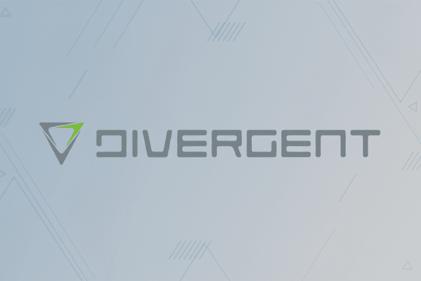 The DIVERGENT logo, featuring a stylized grey and green triangle icon to the left of the text, presented against a professional light blue- grey flat