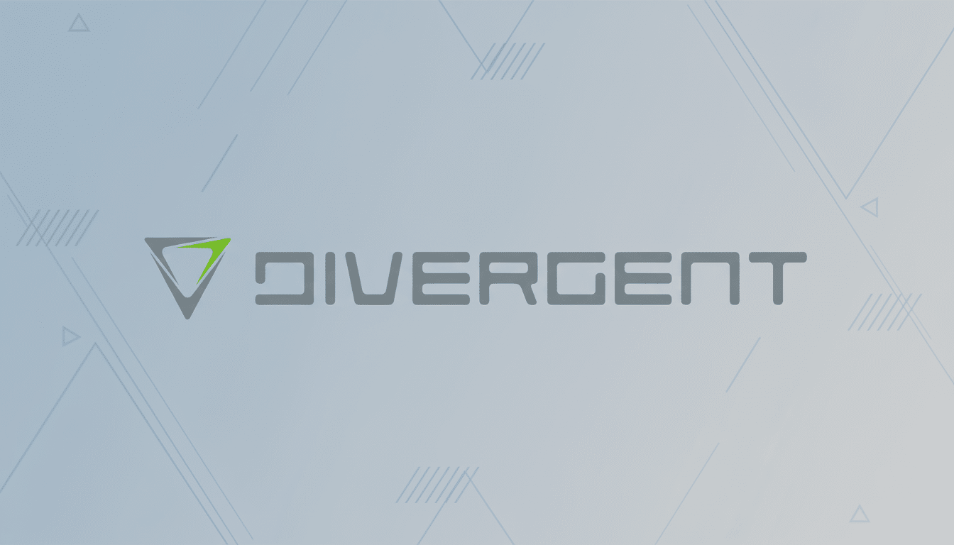 The DIVERGENT logo, featuring a stylized grey and green triangle icon to the left of the text, presented against a professional light blue- grey flat