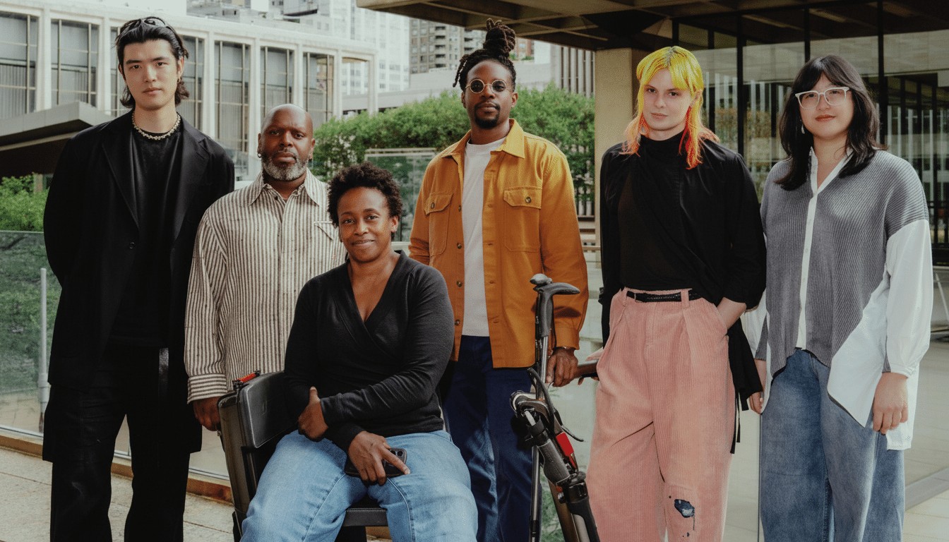 ** Six people of diverse backgrounds stand together on an outdoor patio with city buildings in the background. **