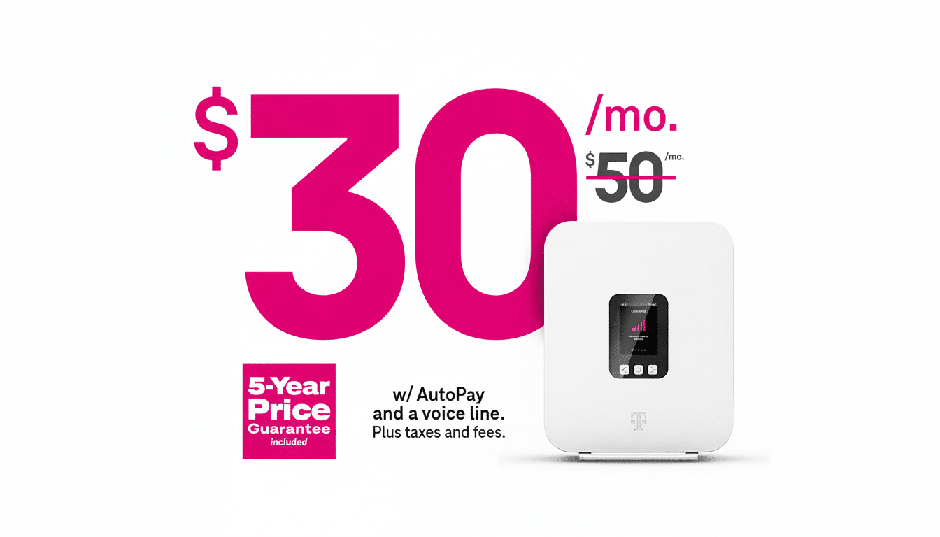 A T -Mobile ad showcasing a white internet gateway device next to large pink text displaying  / mo. with $ 50 /mo . crossed out. Below, text reads 5 -Year Price Guarantee included and w/ AutoPay and a voice line . Plus taxes and fees.