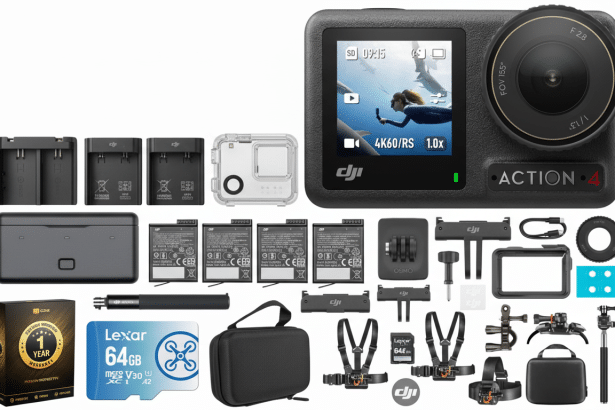 A professional flat lay of the DJI Action 4 camera and all its accessories, including batteries , cases , mounts, and a 64 GB Lex ar microSD card, arranged neatly on a clean background .
