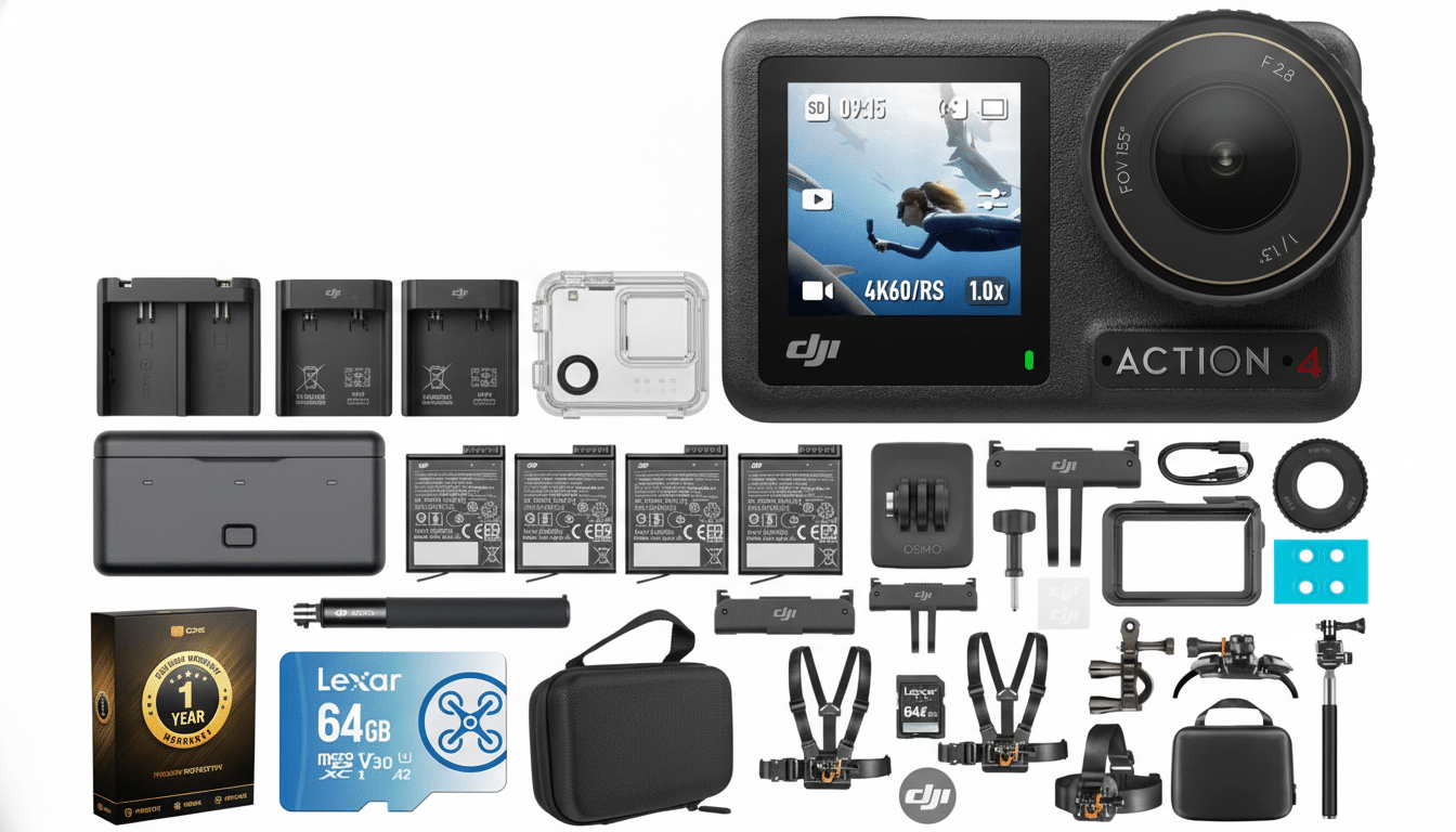 A professional flat lay of the DJI Action 4 camera and all its accessories, including batteries , cases , mounts, and a 64 GB Lex ar microSD card, arranged neatly on a clean background .