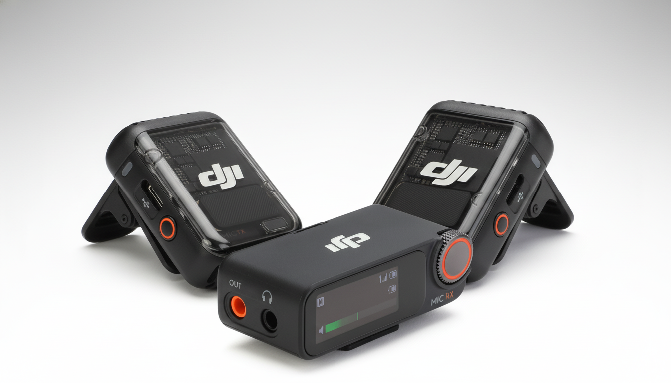 A professional image of two DJI Mic TX transmitters and one DJI Mic RX receiver, arranged on a clean, light gray background with a subtle gradient. The devices are black with orange accents, and the transparent casing of the transmitters reveals internal circuitry.