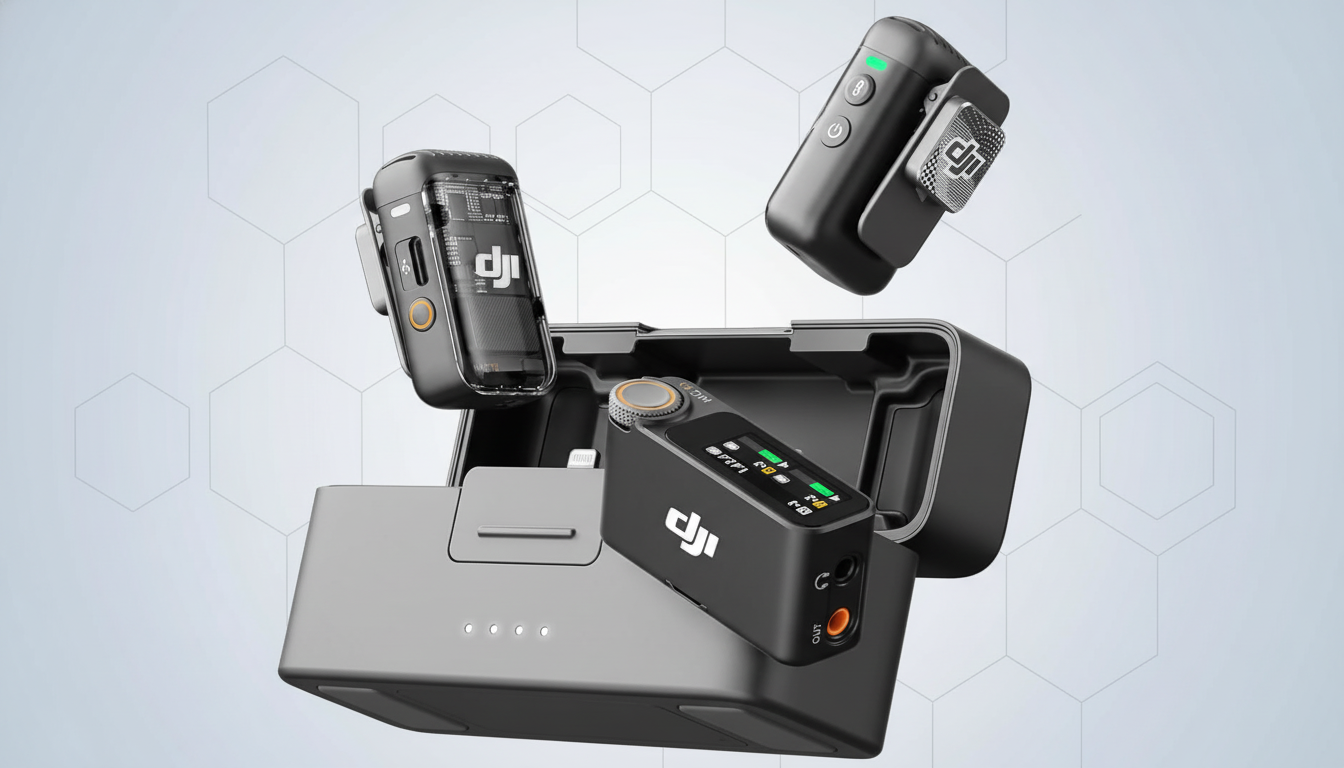 A professional 16:9 aspect ratio image of DJI wireless microphones and their charging case, set against a clean, light gray background with subtle hexagonal patterns.