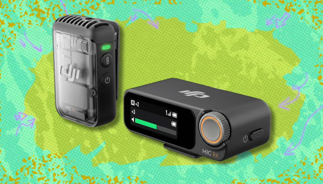 A DJI Mic TX transmitter and a DJI Mic RX receiver are displayed against a vibrant, abstract background with green and yellow shapes and subtle patterns.