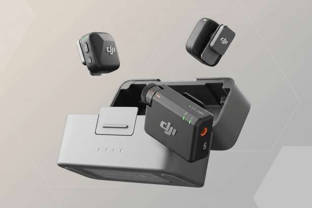 A professional overhead shot of the DJI Mic 2 with two transmitters, one receiver, and a charging case on a white background with subtle grey geometric patterns.
